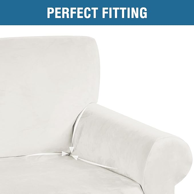 H.VERSAILTEX Stretch Velvet Loveseat Covers for 2 Cushion Couch Covers for Living Room Sofa Covers Slipcovers with Non Slip Straps Bottom, Ultra Thick Comfy Velour (Width 58"-72", Porcelain White)