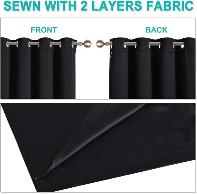 NICETOWN 100% Blackout Curtains with Black Liners, Thermal Insulated Full Blackout 2-Layer Lined Drapes, Energy Efficiency Window Draperies for Bedroom (Black, 2 Panels, 55-inch W by 68-inch L)