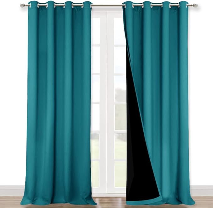 NICETOWN 100% Blackout Blinds, Set of 2, 46" x 102", Peacock Teal, Laundry Room Decor Window Treatment Curtains for Large Patio Sliding Door, Thermal Insulated Curtains for Bedroom