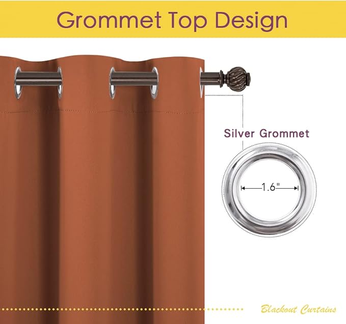 NICETOWN Thermal Insulated Burnt Orange Curtains Blackout Draperies, Window Treatment Solid Grommet Room Darkening Drape Panels for Bedroom (Set of 2, 70 by 54 inches Long)