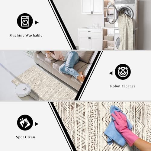 3x15 Washable Kitchen Runner Rug: Modern Moroccan Runners for Hallway Soft Non Slip Rugs with Rubber Backing Low Pile Thin Waterproof Floor Carpet for Entryway Bedroom Bathroom Indoor 3x15 Beige