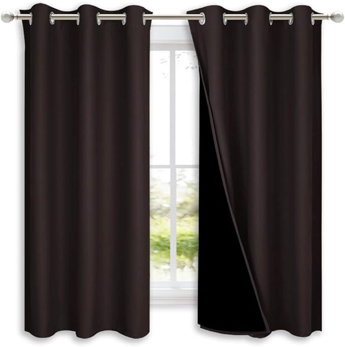 NICETOWN 100% Blackout Short Curtains with Black Liners, 2 Panels, 37" W by 40" L, Toffee Brown, Solid Thermal Insulated Full Blackout 2-Layer Lined Drapes, Energy Efficiency Window Drapes for Bedroom