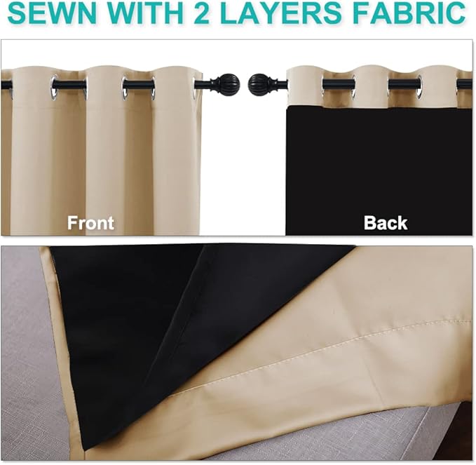 NICETOWN Living Room Completely Shaded Draperies, Privacy Protection & Noise Reducing Ring Top Drapes, Black Lined Insulated Window Treatment Curtain Panels(Biscotti Beige, 2 Pieces, W70 x L72)