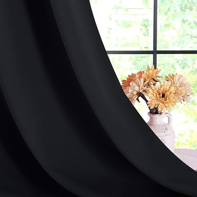 NICETOWN Blackout Draperies Window Curtain Panels, Autumn/Winter Thermal Insulated Solid Grommet Blackout Curtains/Drapes for Cafe (Set of 2, 70 inches by 108 inches, Black)