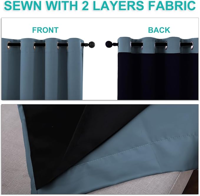 NICETOWN 100% Blackout Short Curtains with Black Liners, 2 Panels, 37" W by 63" L, Smoky Blue, Solid Thermal Insulated Full Blackout 2-Layer Lined Drapes, Energy Efficiency Window Drapes for Bedroom