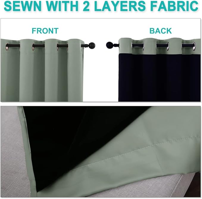 NICETOWN 100% Blackout Curtains 54 inches Long, Double-Deck Completely Blackout Window Treatment Thermal Insulated Lined Drapes for Small Window (Greyish Green, 1 Pair, 46 inches Width Each Panel)