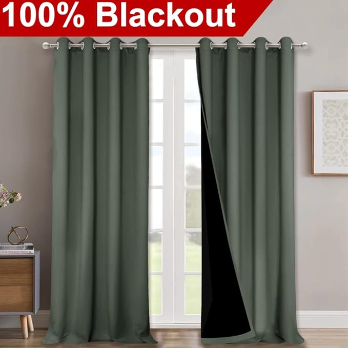NICETOWN 100% Blackout Blinds, Set of 2, 46" x 102", Dark Mallard, Laundry Room Decor Window Treatment Curtains for Large Patio Sliding Door, Thermal Insulated Curtains for Bedroom