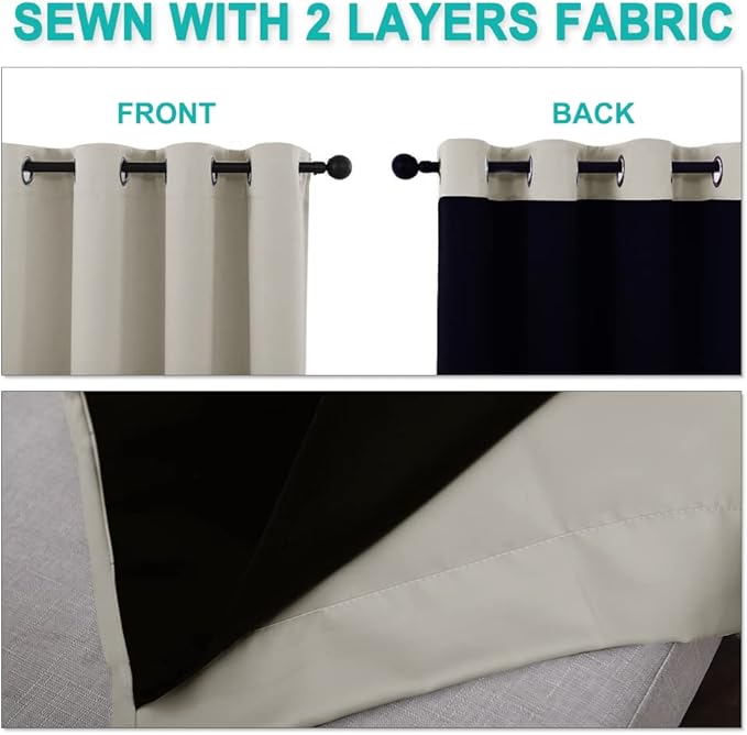 NICETOWN Natural 100% Blackout Lined Curtains, 2 Thick Layers Completely Blackout Window Treatment Panels Thermal Insulated Drapes for Kitchen (1 Pair, 42" Width x 63" Length Each Panel)