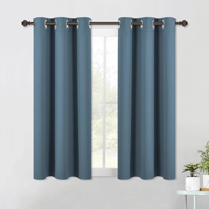 NICETOWN Smoky Blue Kitchen Blackout Short Curtain Panels for Bedroom, 2 Panels, W42 x L45 -Inch, Thermal Insulated Grommet Top Blackout Draperies and Drapes