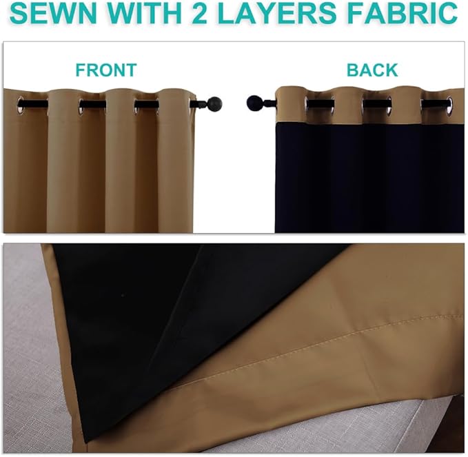 NICETOWN Total Shade Curtains and Draperies, Gold Brown, Package of 2, 62 inches Wide x 95 inches, LongHeavy-Duty Full Light Shading Drapes with Black Liner Backing for Villa/Hall/Dorm Window