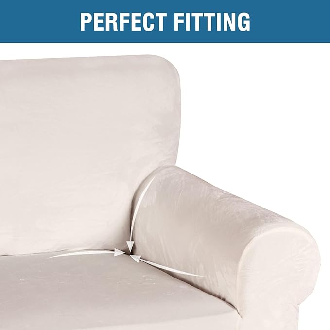 H.VERSAILTEX Stretch Velvet Sofa Covers for 3 Cushion Couch Covers Furniture Protector Soft with Non Slip Elastic Bottom, Crafted from Thick Comfy Rich Velour (Large Sofa 90"-97", Ivory)
