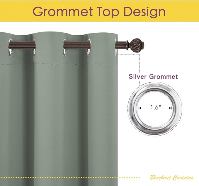 NICETOWN Bedroom Curtain Panels Blackout Draperies, Greyish Green, 1 Pair, 34 by 70-inch, Thermal Insulated Solid Grommet Blackout Curtains/Drapes