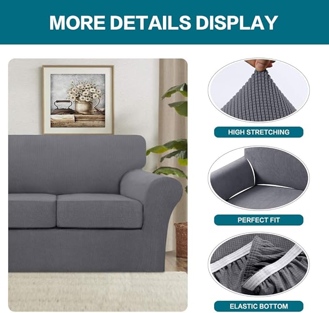 Turquoize 4 Piece Sofa Covers for 3 Cushion Couch Sofa Slipcover Soft Couch Cover for Dogs-Washable Sofa Furniture Covers with 3 Individual Large Cushion Covers, Feature Thick Fabric (XL Sofa, Gray)
