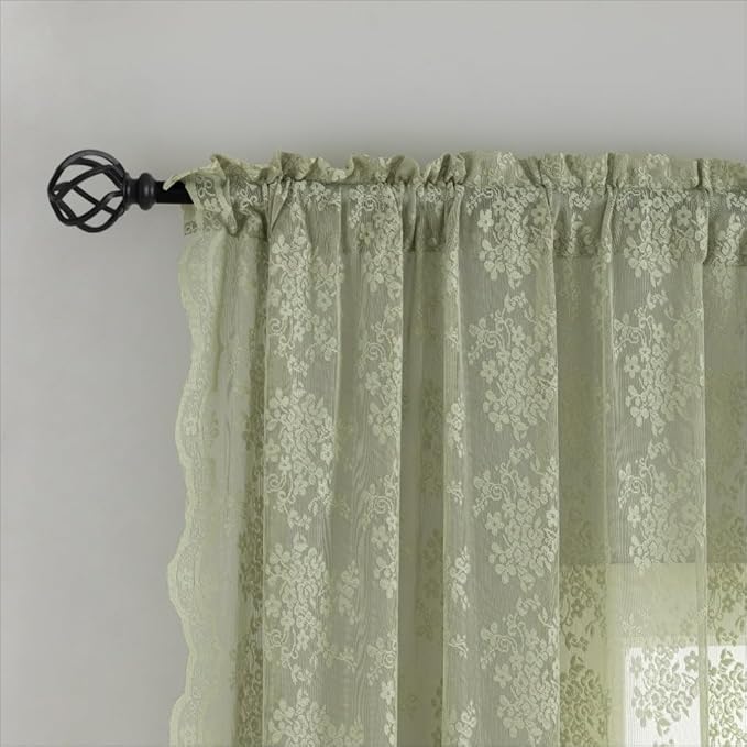 YJ YANJUN Vintage Lace Curtains 108 Inches Long-Victorian Floral Pattern Boho Sage Green Sheer Curtain Panels for Dining Room Living Room Big Windows and High Ceilings 2 Panels