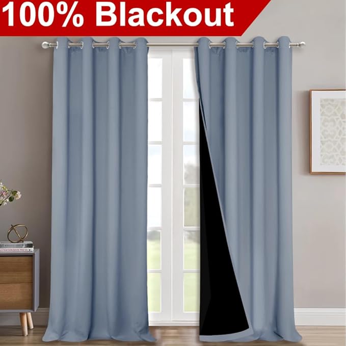 NICETOWN 100% Blackout Curtains for Windows, Pack of 2, Vintage Blue, 52" W x 102" L, Super Heavy-Duty Black Lined Total Darkness Drapes for Bedroom, Privacy Assured Window Treatment for Patio