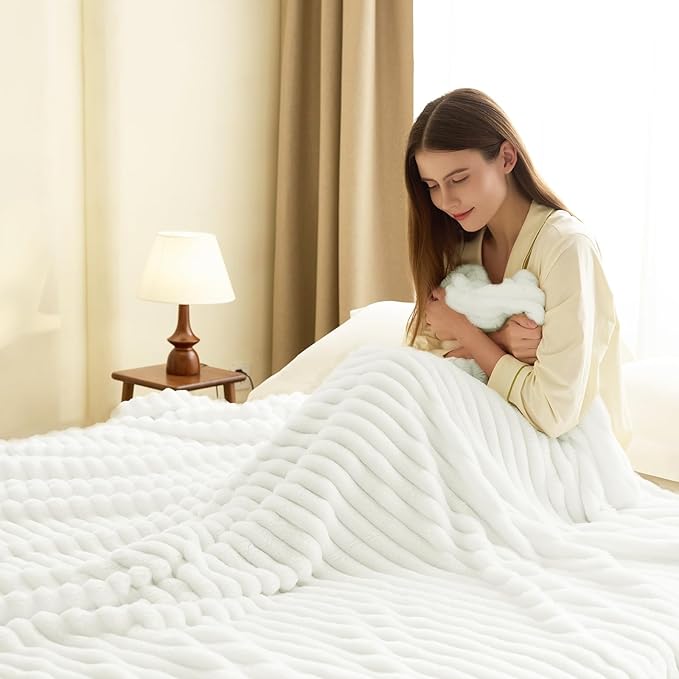 HIMEET Off White Ribbed Twin Blanket for Bed - 300GSM Lightweight Soft Fleece Blanket for Women, Cozy Blankets Graduation Birthday Gifts, Striped Spring Home School Dorm Decor, Off White, 60x80 Inches