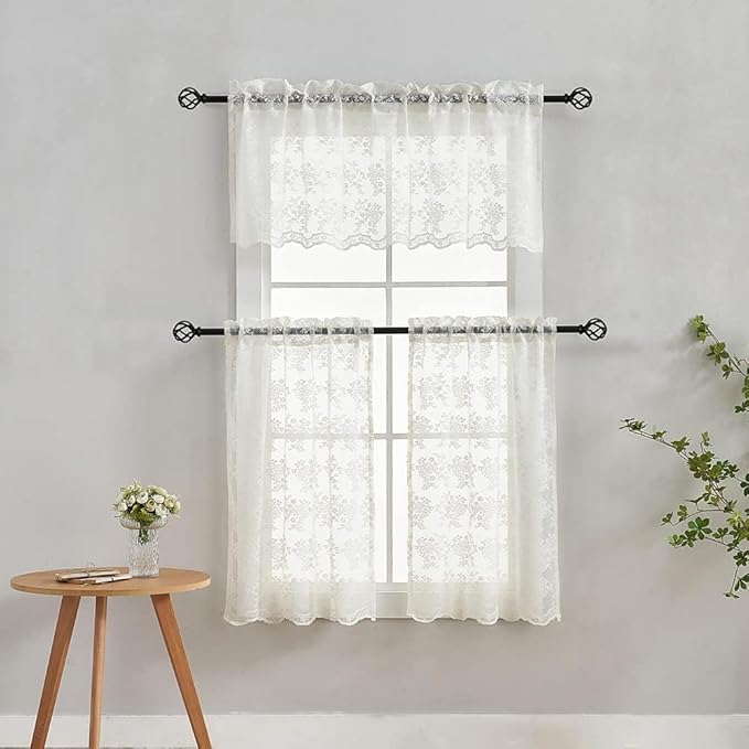 YJ YANJUN Vintage Lace Curtains 24 inch Length 2 Panels Retro Floral Rv Drapes for Camper Windows Cream Kitchen Window Curtains Over Sink Bistro Sheer Panels for Narrow Windows 26" x 24" Ivory