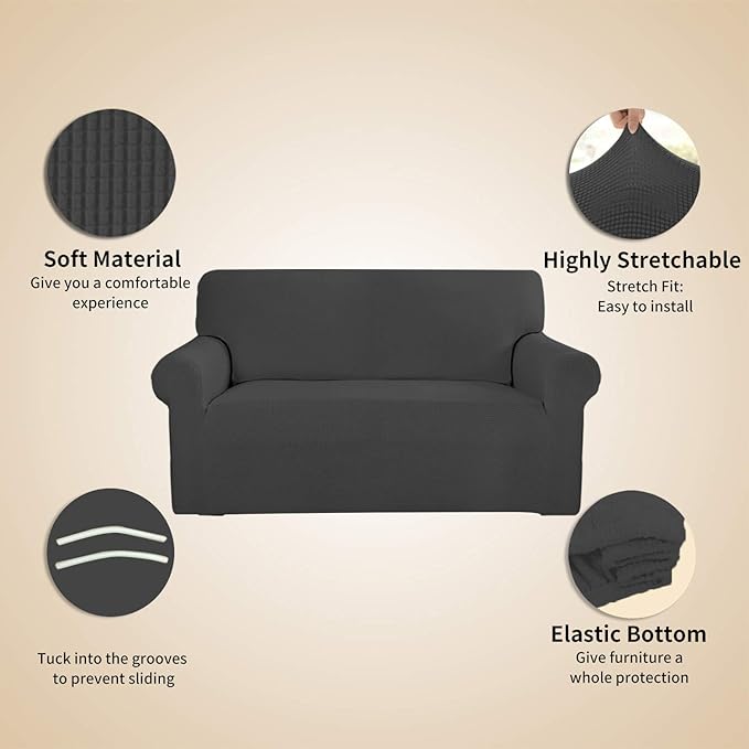 Easy-Going Stretch 4 Seater Sofa Slipcover 1-Piece Sofa Cover Furniture Protector Couch Soft with Elastic Bottom for Kids, Polyester Spandex Jacquard Fabric Small Checks Dark Gray