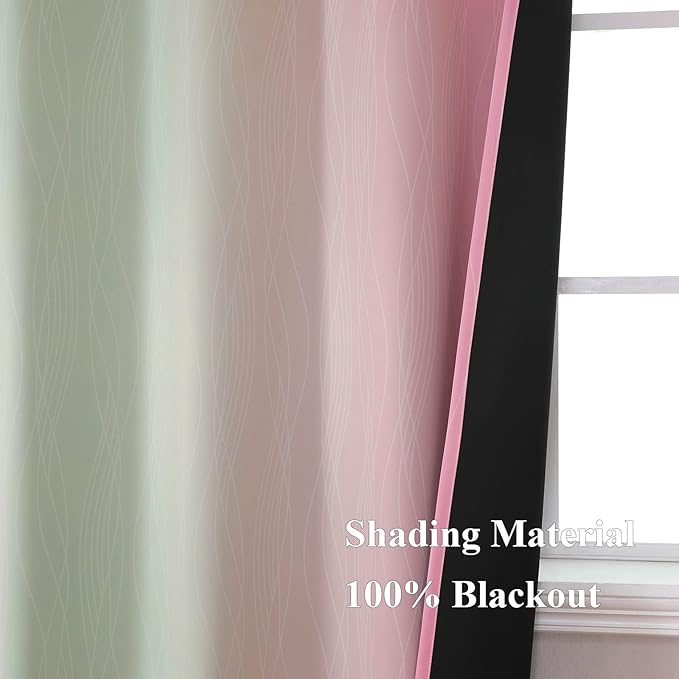 Estelar Textiler Ombre Sage Green and Pink Blackout Curtains 63 Inch Length 2 Panels for Playroom, Gradient Thermal Insulated Full Light Blocking Grommet Blackout Drapes for Kids Room, 52Wx63L