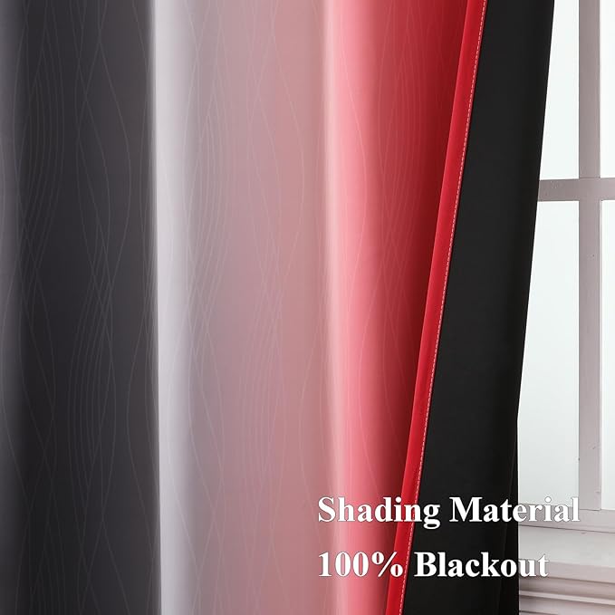 Estelar Textiler Ombre Red and Black Curtains 63 Inch Length 2 Panels, 100% Blackout Curtains for Living Room, Grommet Thermal Insulated Drapes, Full Light Blocking Curtains for Bedroom, 52x63 Inch