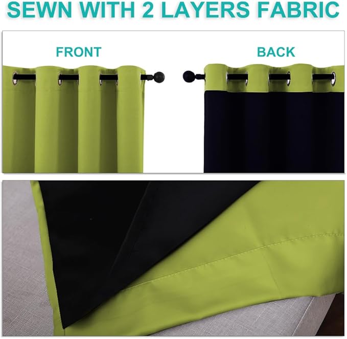 NICETOWN 100% Blackout Curtains 54 inches Long, Fresh Green, 1 Pair, 42 inches Width Each Panel, Double-Deck Completely Blackout Window Treatment Thermal Insulated Lined Drapes for Small Window