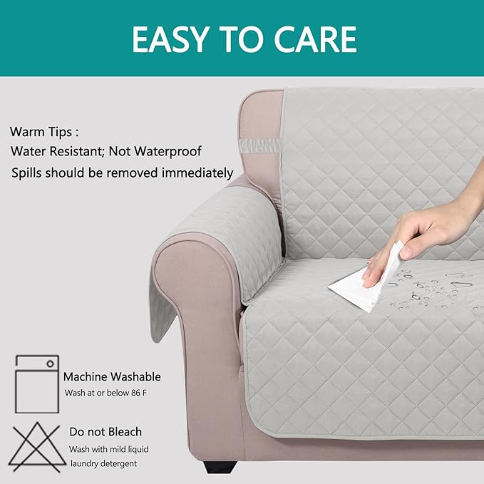 U-NICE HOME Reversible Oversized Chair Covers Quilted Water Repellent Pet Protectors with Elastic Straps(28''Armchair, Light Grey/Light Grey)