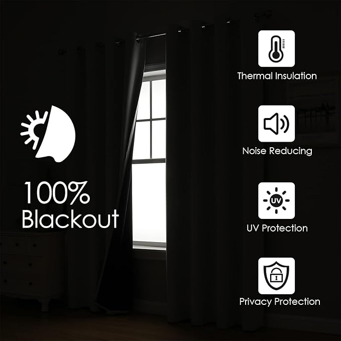 ChrisDowa 100% Blackout Curtains for Bedroom with Black Liner, 2 Thick Layers Total Blackout Thermal Insulated Grommet Window Curtains 2 Panels Set (Royal Purple, 52 x 54 Inch)