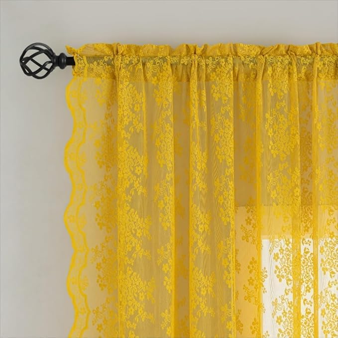 YJ YANJUN Vintage Lace Curtains 108 Inches Long- Retro Floral Mid Century Modern Sheer Curtain Panels Funky Embroidery Pioneer Woman Drapes Fall Decor 2 Panels W52 x L108 Gold