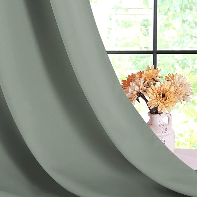 NICETOWN ROM Darkening Curtains 48 inch Length 2 Panels, Thermal Insulated Grommet Blackout Curtains for Modern Casual Elegant Bedroom Kids Room Theme Decoration (Greyish Green, 2 Pieces, W34)