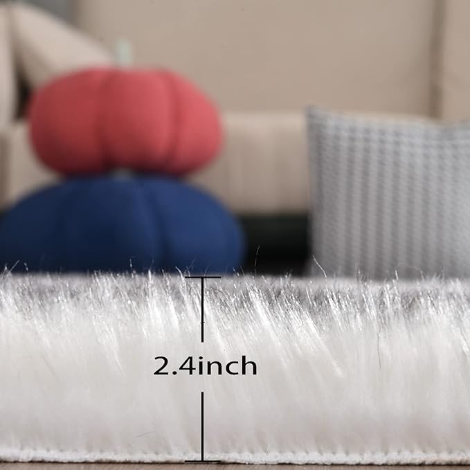ORINOVA White and Grey Round Shag Rug 4ft Faux Sheepskin Fur Rugs for Living Room Small Circle Washable Plush Rug for Nursery Cute Room Décor