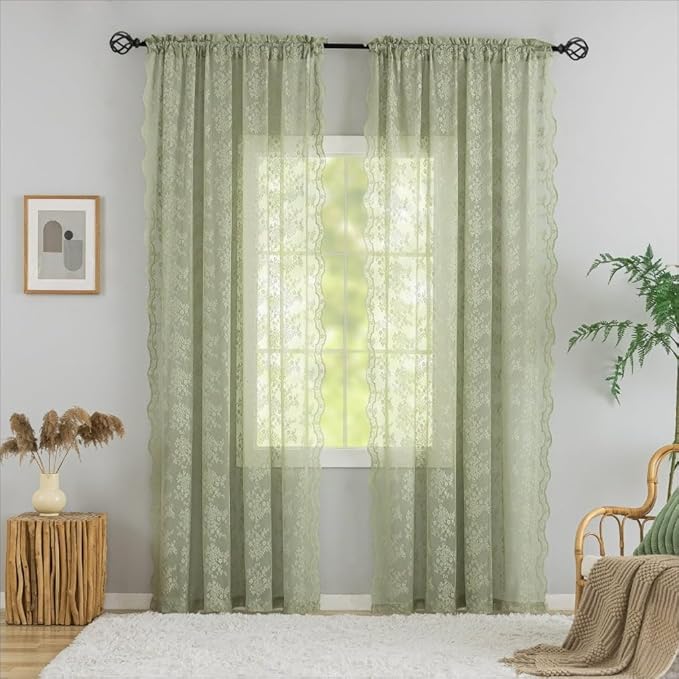 YJ YANJUN Vintage Lace Curtains -Victorian Floral Sage Green 102 inches Curtains for Bedroom Sliding Glass Door Light Filtering Bohemian Farm House Cottage Core Decor Total 104 Wide 12 FT Long