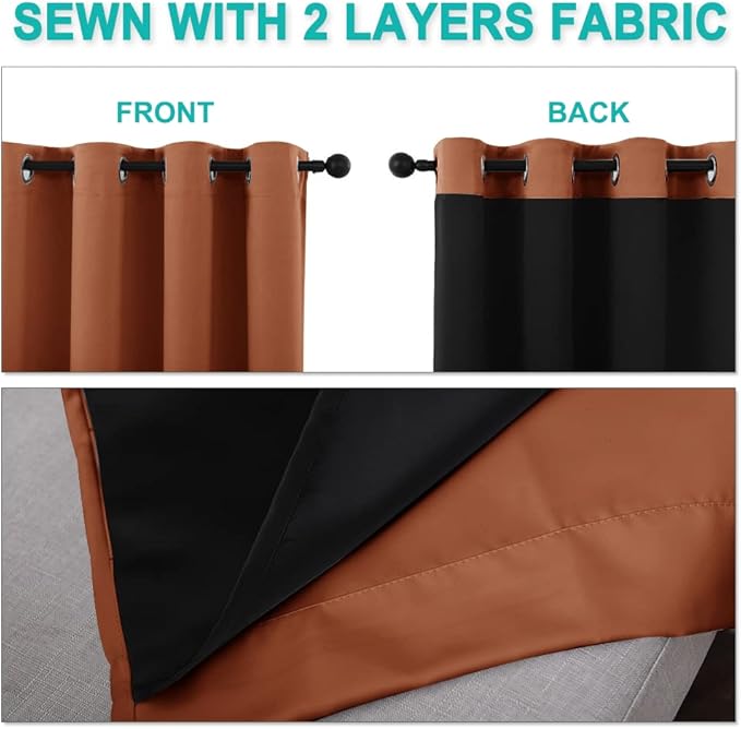 NICETOWN Burnt Orange 100% Blackout Curtains for Windows, Super Heavy-Duty Black Lined Total Darkness Drapes for Bedroom, Privacy Assured Window Treatment for Patio (2 PCs, 52 inches W x 108 inches L)
