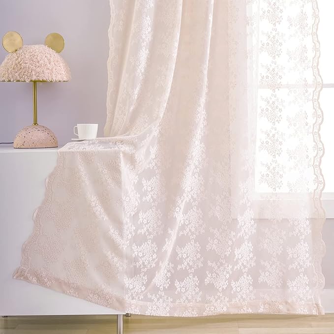YJ YANJUN Vintage Lace Curtains 96 Inches Long-Victorian Floral Pattern Dusty Pink Sheer Curtain Panels for Living Room Bedroom,Light Filtering, Shabby Chic Girls Drapes 2 Panels 52W x 96L