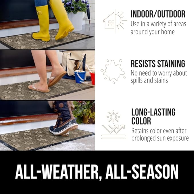 GORILLA GRIP 100% Waterproof All-Season WeatherMAX Doormat US Designed Natural Rubber, Stain and Fade Resistant, Low Profile Indoor Outdoor Door Mats, Easy Clean Patio Mat, 29x17, Tan Pawprints