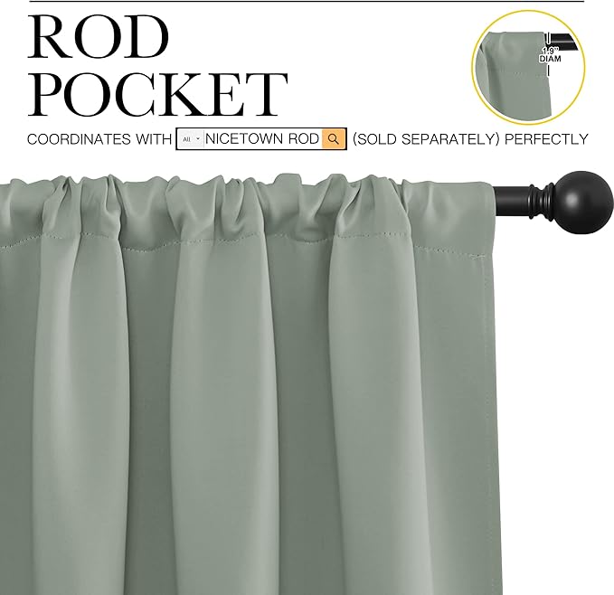 NICETOWN Window Curtains Blackout Drapes - Thermal Insulated Solid Rod Pocket Blackout Curtains/Draperies for Living Room (Greyish Green, One Pair, 42 by 72-Inch)