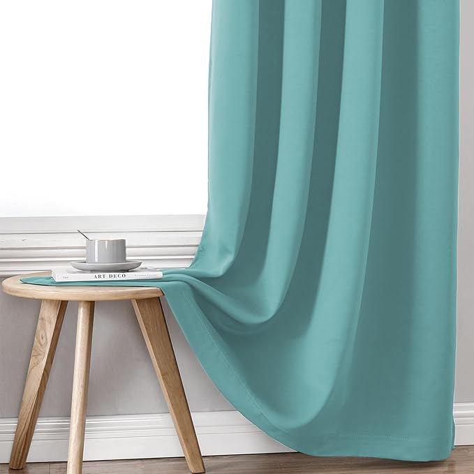ChrisDowa 100% Blackout Curtains 72 inch Long for Bedroom with Black Liner, 2 Thick Layers Total Blackout Thermal Insulated Grommet Window Curtains 2 Panels Set (Aqua, 52 x 72 Inch)
