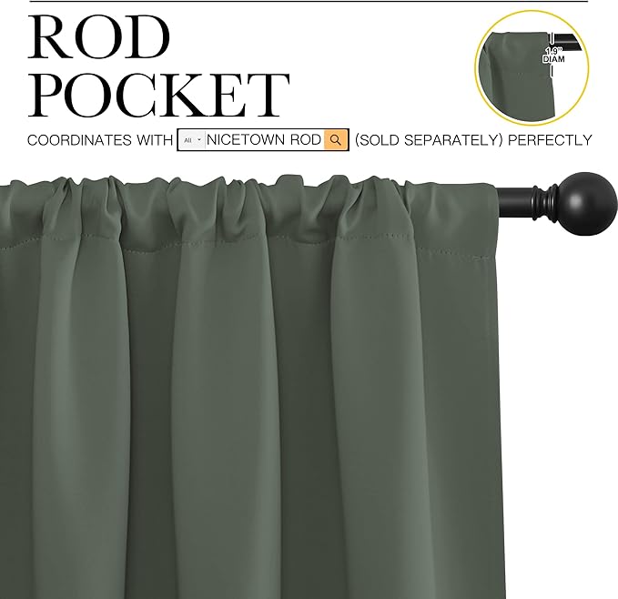 NICETOWN Bedroom Curtains Blackout Draperies - All Season Thermal Insulated Solid Rod Pocket Top Blackout Curtains/Drapes for Kid's Room (Dark Mallard, 1 Pair, 42 x 84 Inch)