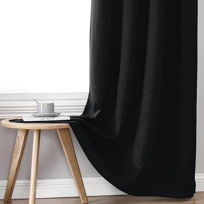 ChrisDowa 100% Blackout Curtains for Bedroom with Black Liner, 2 Thick Layers Total Blackout Thermal Insulated Grommet Small Window Curtains 2 Panels Set (Black, 42 x 45 Inch)