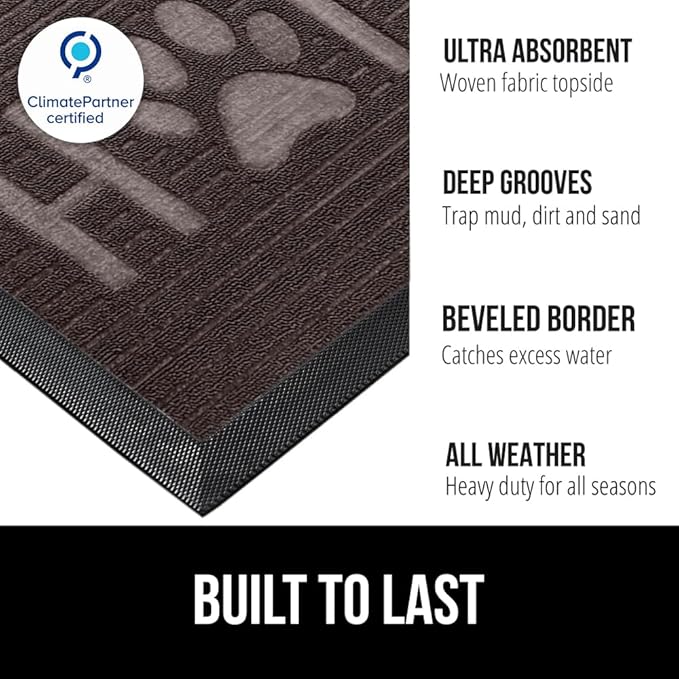 GORILLA GRIP 100% Waterproof All-Season WeatherMAX Doormat US Designed Natural Rubber, Stain and Fade Resistant, Low Profile Indoor Outdoor Door Mats, Easy Clean Patio Mat, Espresso Home Paw