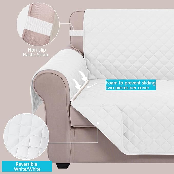 U-NICE HOME Recliner Chair Covers Reversible Quilted Water Repellent Pet Protectors with Elastic Straps (23''Recliner Small, White/White)