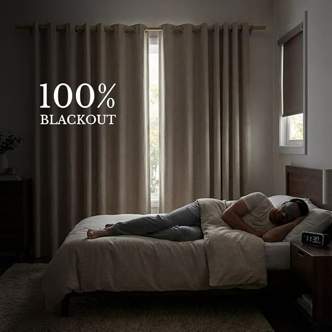 NICETOWN Farmhouse Style 100% Blackout Natural Linen Warm Curtains 90 inches Length for Winter, 2 Panels, 52" W, Cold Reducing Window Draperies with Thermal Insulated Liners for Dining Room