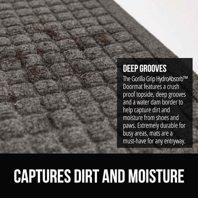 GORILLA GRIP® Ultra Absorbent Front Door Mat Outside Entrance, 35x23, Traps Dirt and Moisture, HydroABSORB Indoor Outdoor Doormat Holds 5.7 Cups Water, Stain and Fade Resistant Welcome Mat, Charcoal