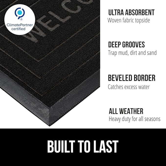 GORILLA GRIP 100% Waterproof All-Season WeatherMAX Doormat, 47x35, US Designed Natural Rubber, Stain and Fade Resistant, Low Profile Indoor Outdoor Door Mats, Easy Clean Patio Mat, Black Welcome