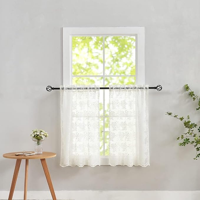 YJ YANJUN Vintage Lace Curtains 24 inch Length 2 Panels Retro Floral Rv Drapes for Camper Windows Cream Kitchen Window Curtains Over Sink Bistro Sheer Panels for Narrow Windows 26" x 24" Ivory