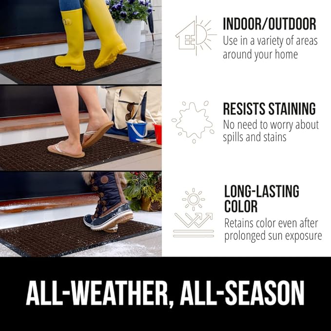 GORILLA GRIP 100% Waterproof All-Season WeatherMAX Doormat US Designed Natural Rubber, Stain and Fade Resistant, Low Profile Indoor Outdoor Door Mats, Easy Clean Patio Mat, 29x17, Coffee Square