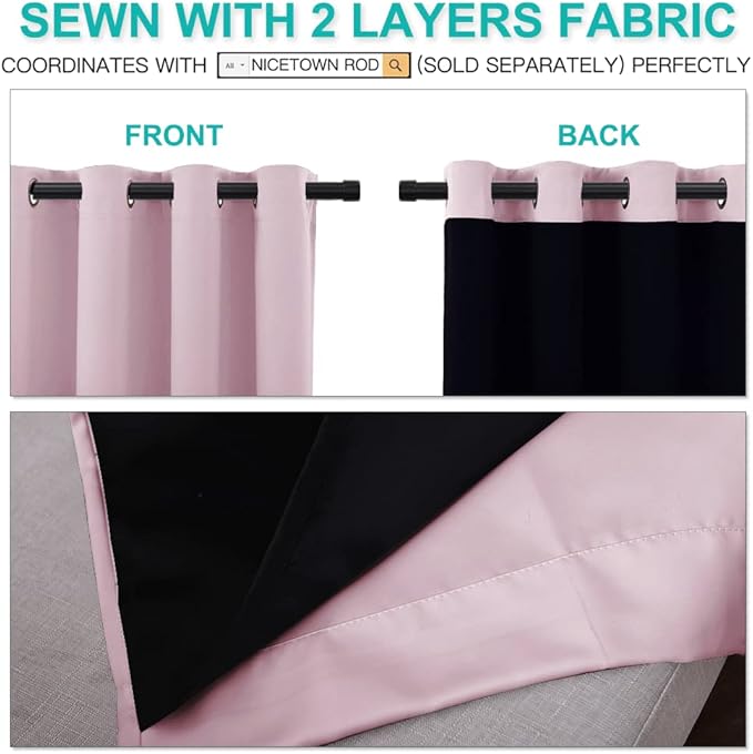 NICETOWN 100% Blackout Room Warming Lined Curtains, Totally Darkness Drapes, Thermal Insulated Drapes for Daughters Nursery (Lavender Pink, 1 Pair, 52 inches Width x 63 inches Length Each Panel)