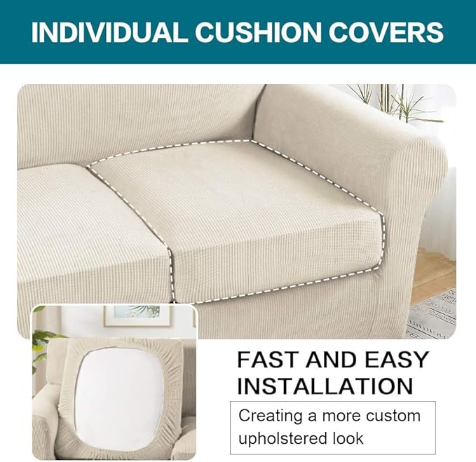 Turquoize 3 Piece Sofa Covers for 2 Cushion Couch Sofa Slipcover Soft Couch Cover for Dogs-Washable Sofa Furniture Covers with 2 Individual Cushion Covers (2 Cushion Sofa,Biscotti Beige)