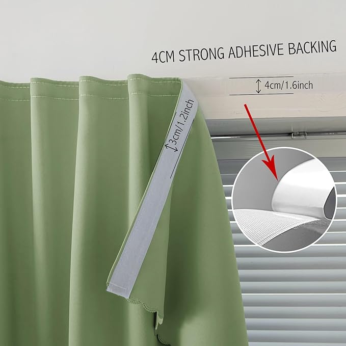 Magic Tape Blackout Curtains for Bedroom No Drillng Self Adhesive Curtains No Rod Small Window, 35" W X 79" L, Sage Green, 1 Panel