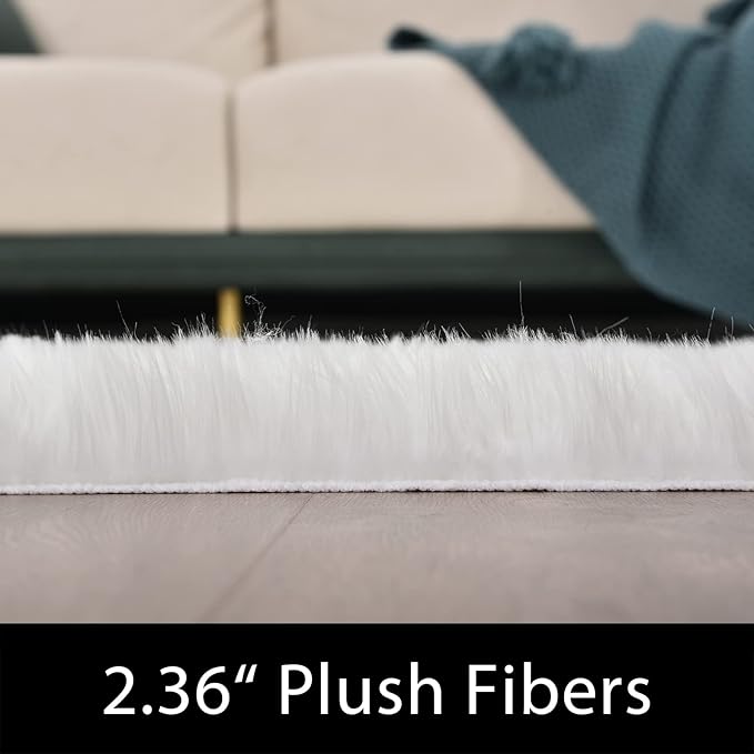 Latepis White Fur Rug 5x6.7, Faux Sheepskin Fluffy Washable Rug for Bedroom and Living Room, Playroom, Luxury Room Decor, Rectangle