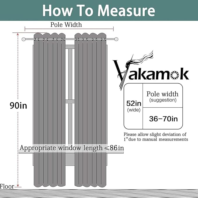 Yakamok Blackout Curtains Room Darkening Thermal Insulated Window Panels,Solid Grommet Top Drapes for Bedroom/Living Room(52Wx90L, Grey, 2 Panels)